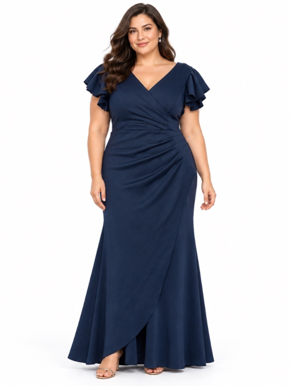 Xscape - Ruffle Sleeve Ruched Scuba Knit Gown